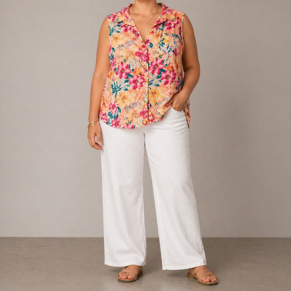 Tank Blouse Size 3XL 22 Floral Shirt Button Front Sleeveless Linen Blend Beachy